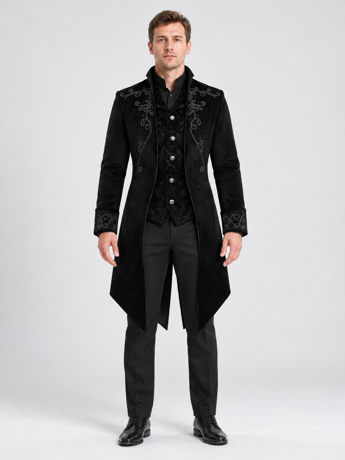 Black Tailcoat with Embroidery and Stand Collar