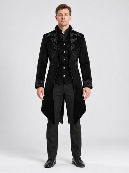 Black Tailcoat with Embroidery and Stand Collar