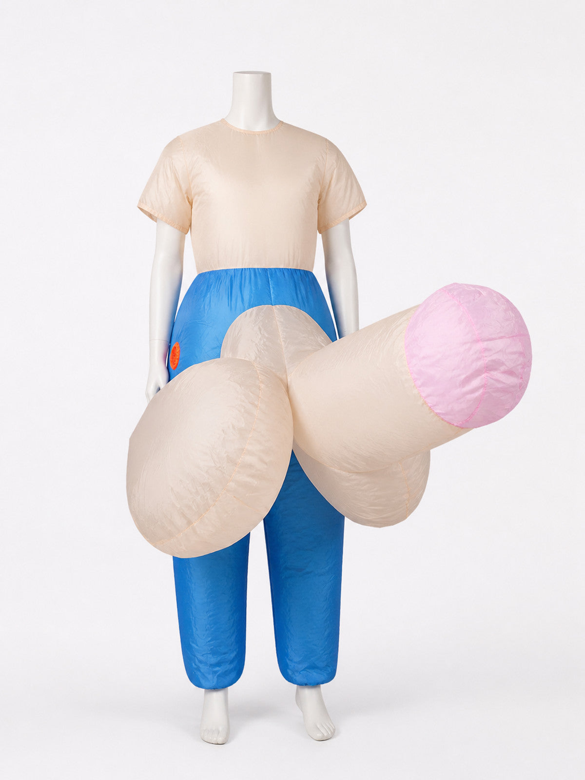 Beige and Blue Inflatable Costume with Pink Accents front view