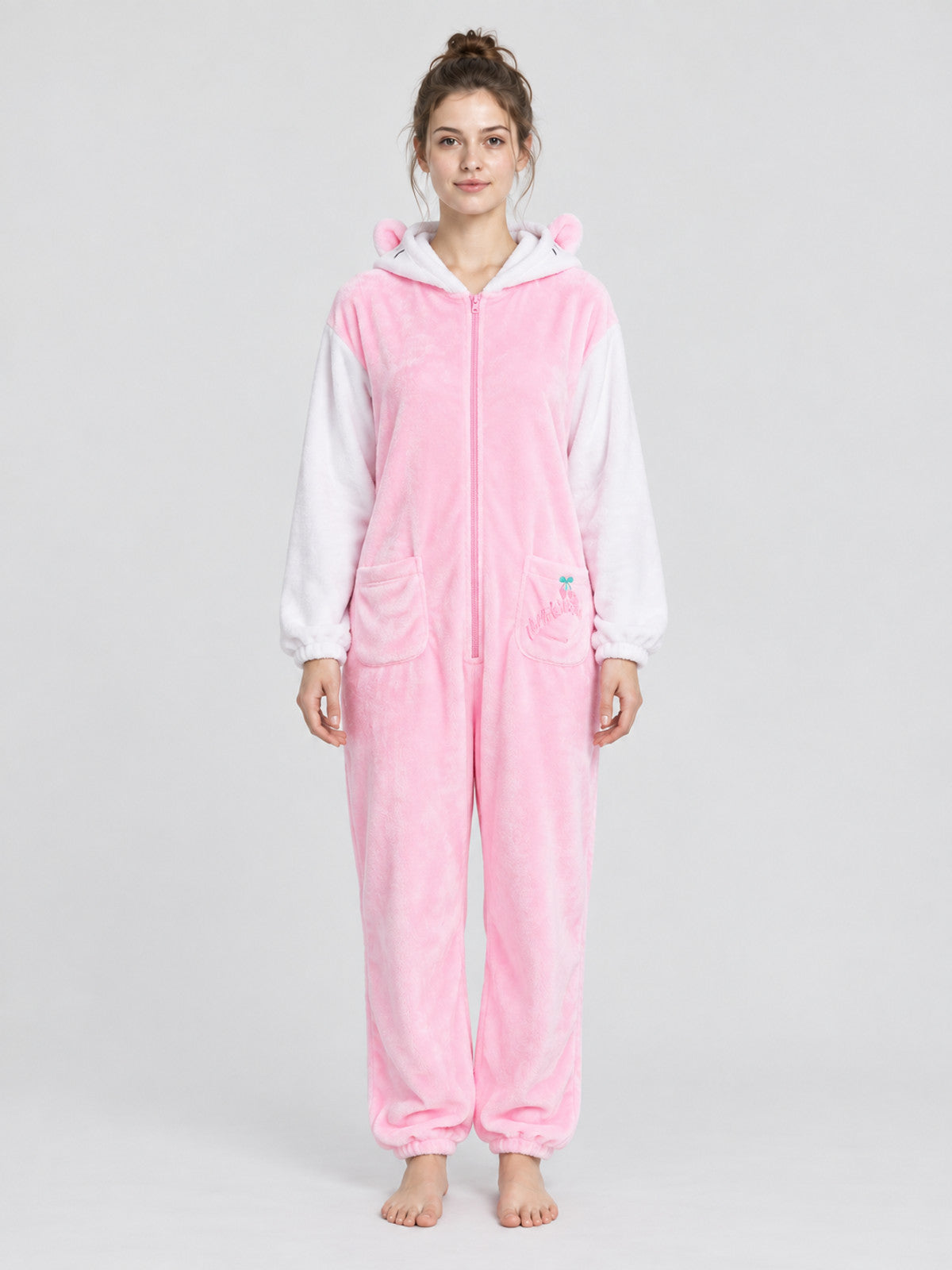Pink Fleece Hooded Pajama Jumpsuit with Ears