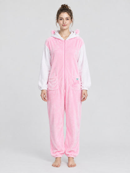 Pink Fleece Hooded Pajama Jumpsuit with Ears