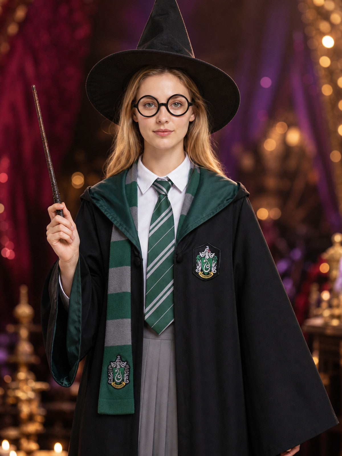 Green And Black Wizard Costume Set With Hooded Robe, Glasses, Wand, Hat And Tie on-model view