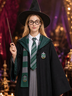 Green And Black Wizard Costume Set With Hooded Robe, Glasses, Wand, Hat And Tie