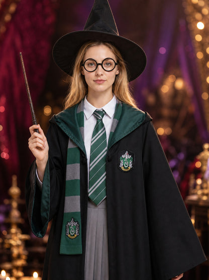 Green And Black Wizard Costume Set With Hooded Robe, Glasses, Wand, Hat And Tie on-model view