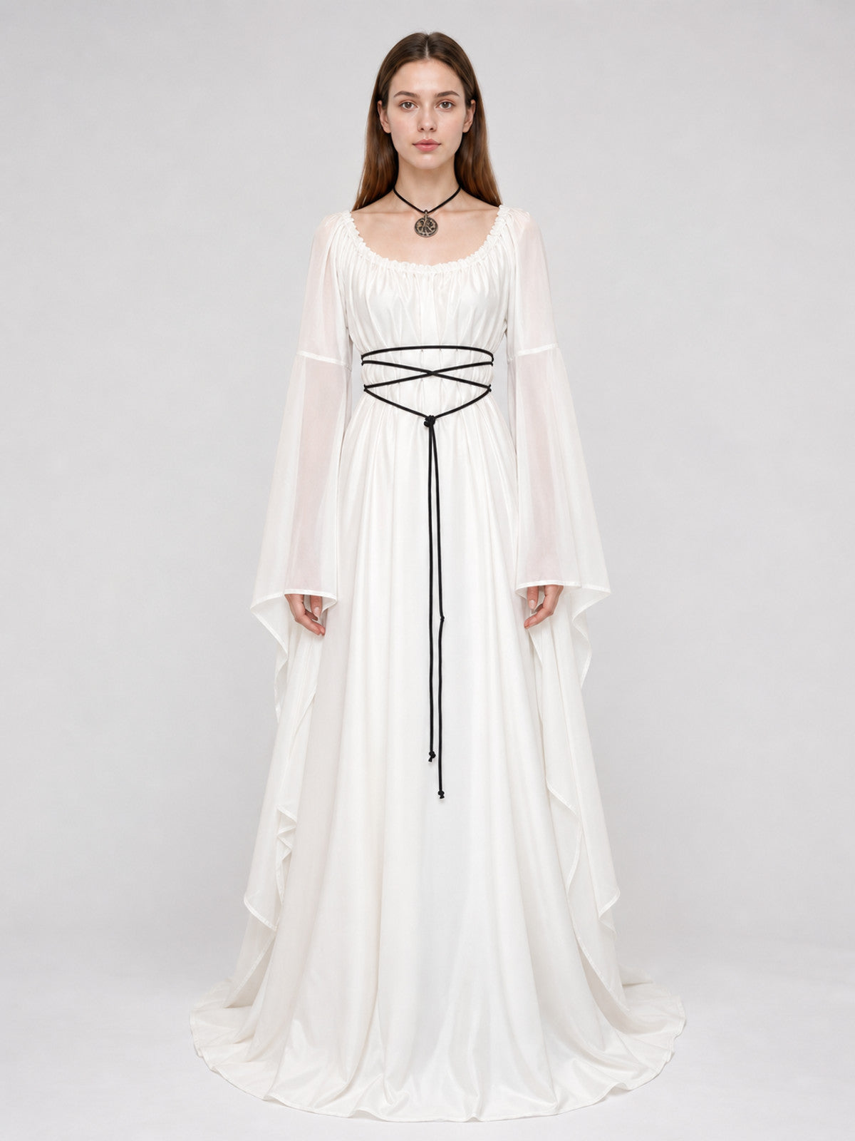 Long White Dress with Flared Sleeves and Lace-Up Detail on-model view