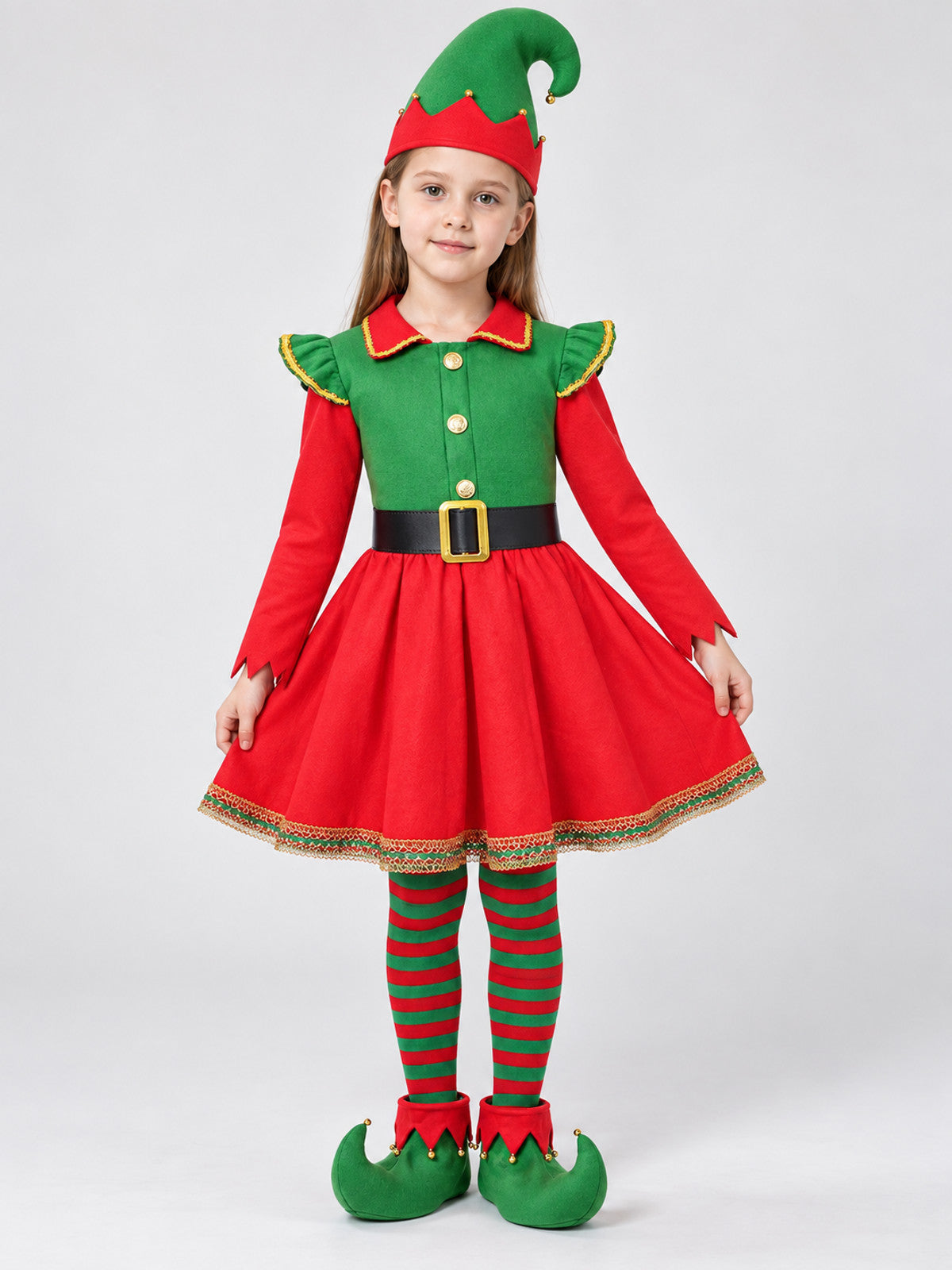 Elf Costume with Long Sleeves and Gold Trim