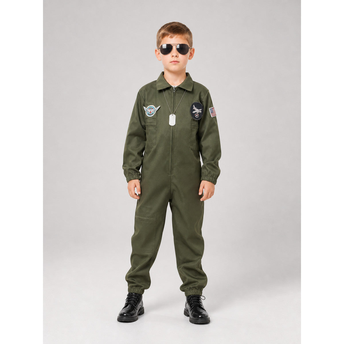 Flight jumpsuit with patches and accessories