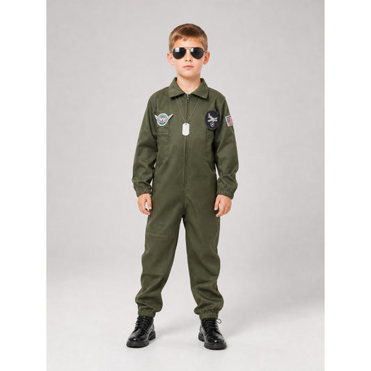 Flight jumpsuit with patches and accessories