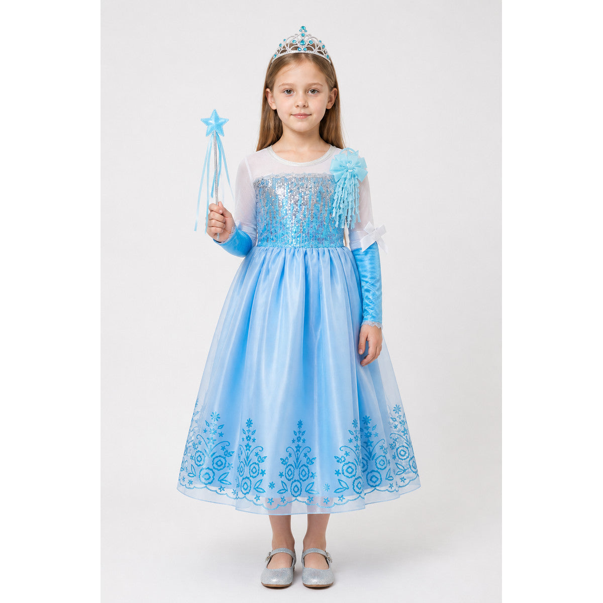 Blue Girls' Dress with Sequins and Crown main product view