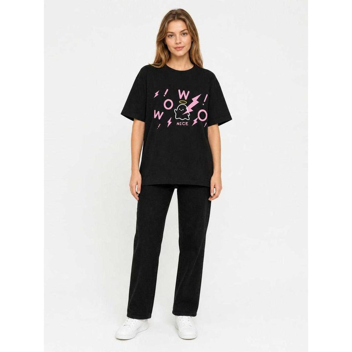 Black loose-fit printed T-shirt for carnival on-model view