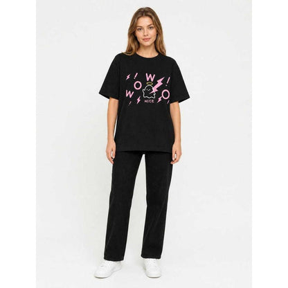 Black loose-fit printed T-shirt for carnival on-model view