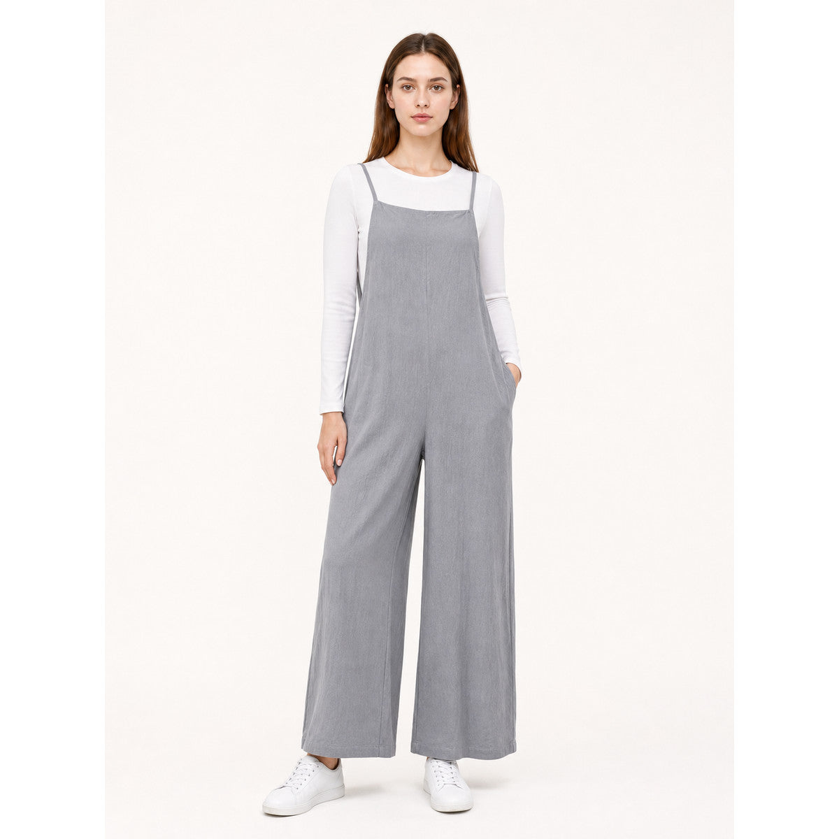 Gray Cotton-Linen Wide-Leg Bib Overalls with Straps