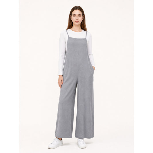 Gray Cotton-Linen Wide-Leg Bib Overalls with Straps