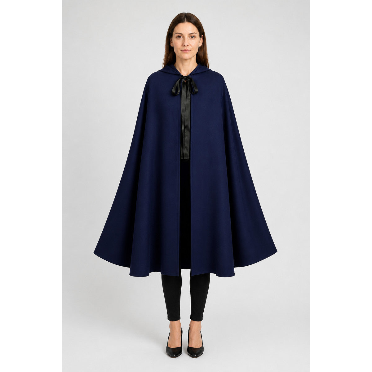 Long Hooded Cloak, Dark Navy with Black Tie main product view