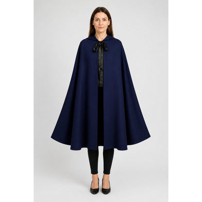 Long Hooded Cloak, Dark Navy with Black Tie main product view