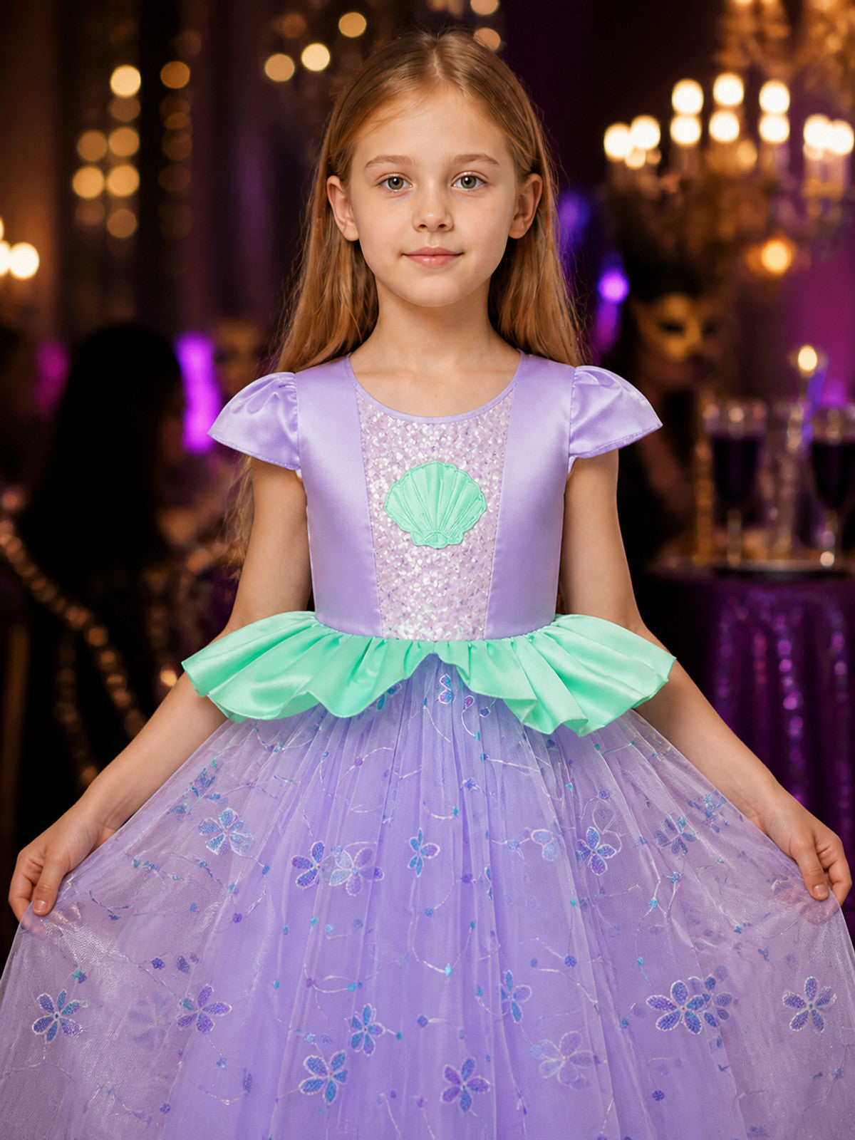 Girls' Mermaid Princess Dress Costume, Sequined Floral Mesh Performance Gown on-model view