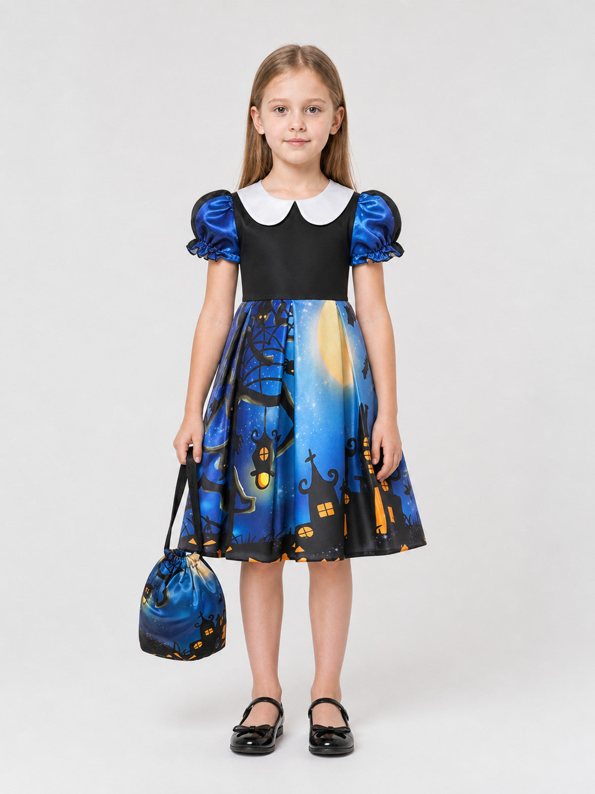 Children’s Halloween Dress with Print and Full Skirt on-model view