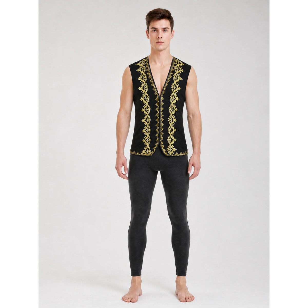 Black sleeveless vest with gold trim