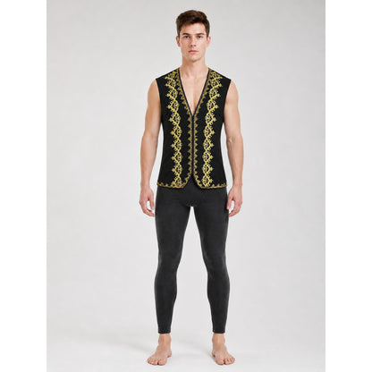 Black sleeveless vest with gold trim