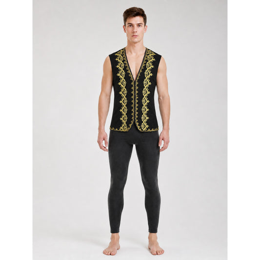 Black sleeveless vest with gold trim