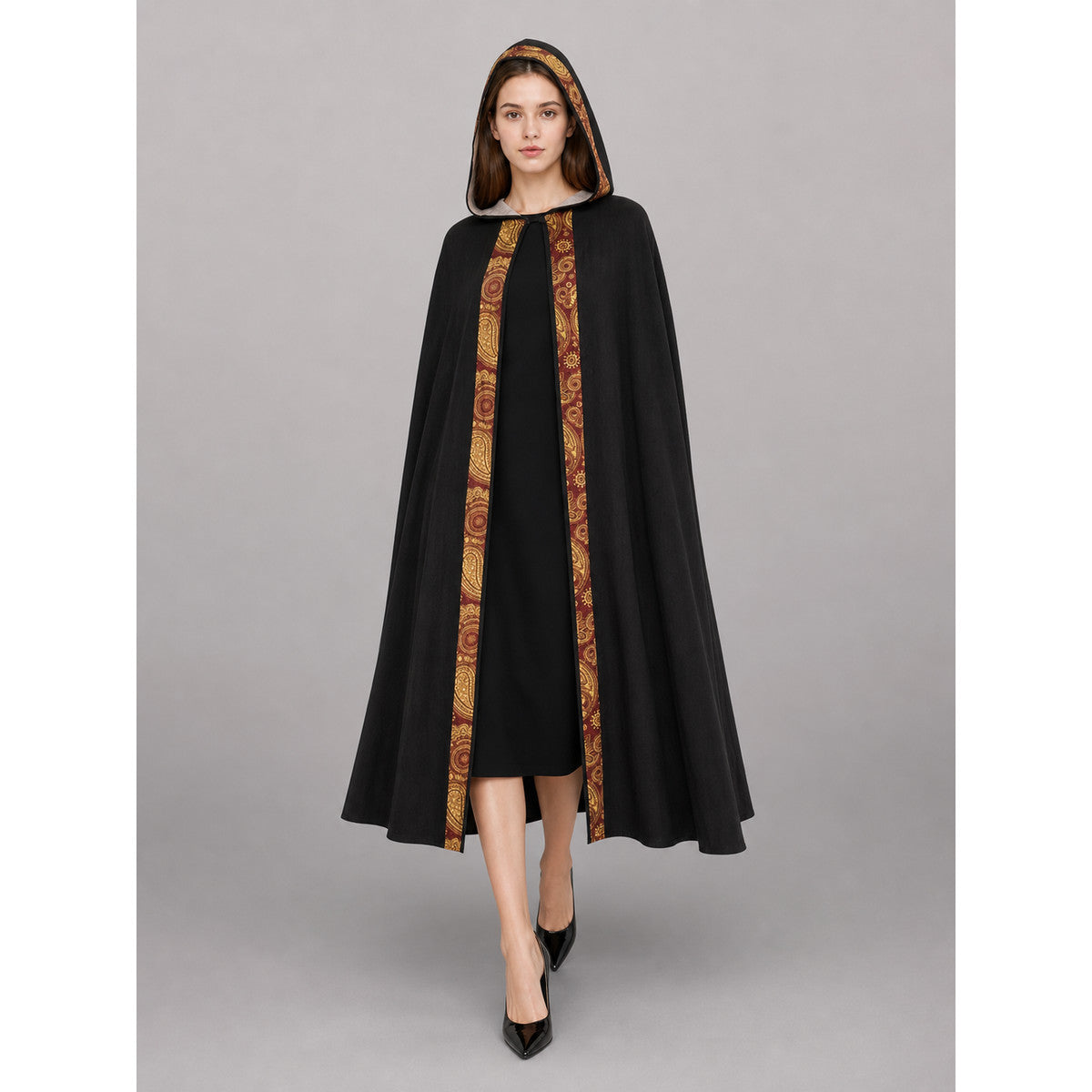 Black Medieval Hooded Costume Cape front view
