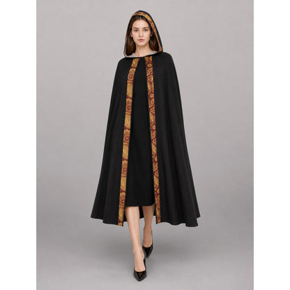 Black Medieval Hooded Costume Cape front view