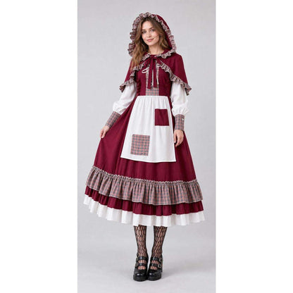 Burgundy Hooded Vampire Dress for Halloween on-model view