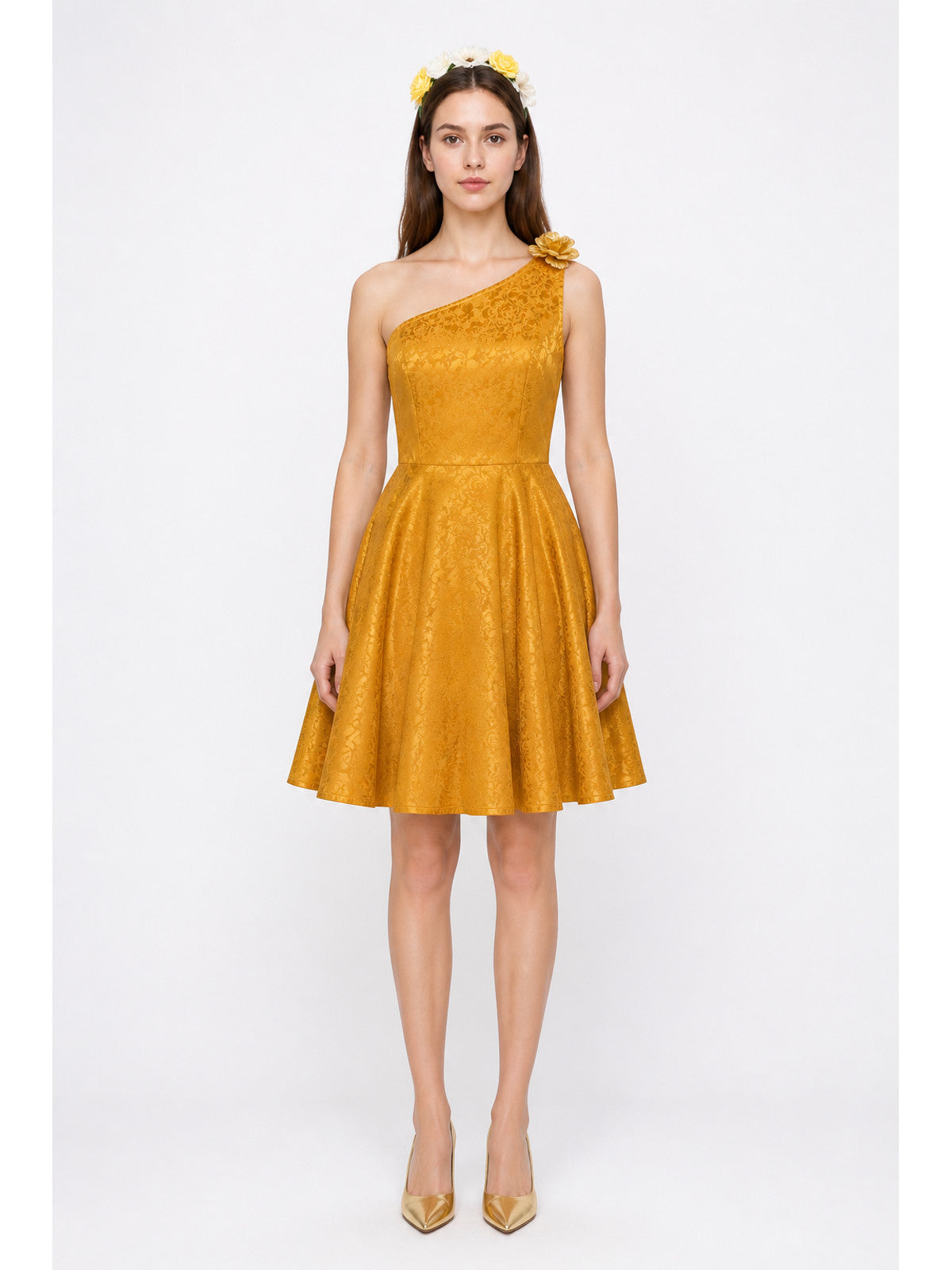 Gold One-Shoulder Dress with Flowers for Cosplay