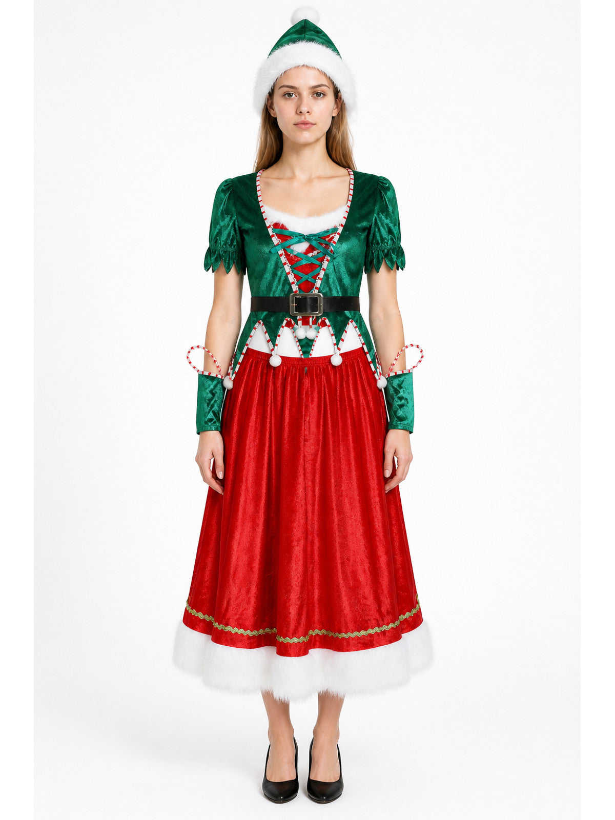 Red and Green Christmas Costume with Dress and Hat main product view