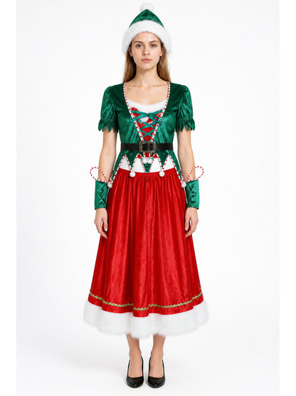 Red and Green Christmas Costume with Dress and Hat main product view