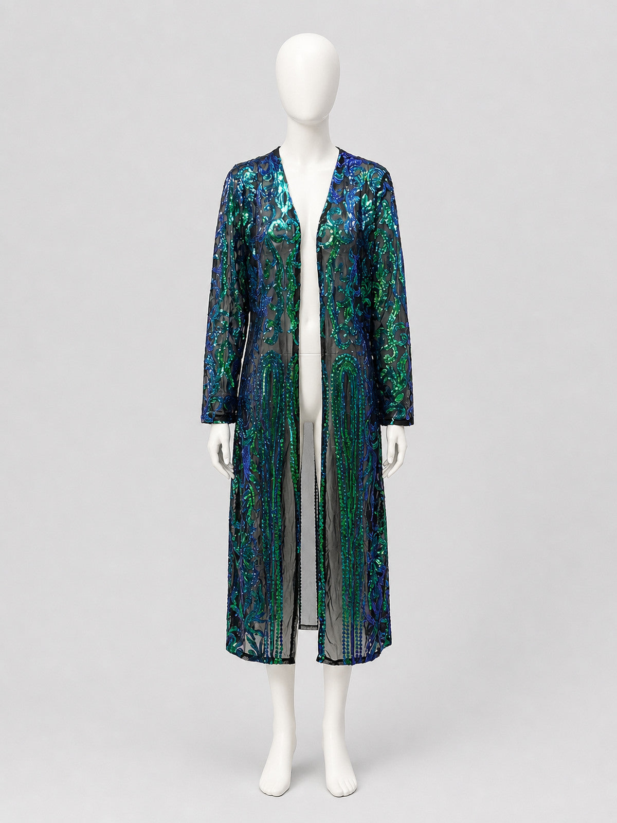 Long Sequin and Embroidered Open-Front Cardigan