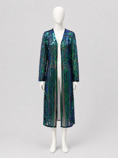 Long Sequin and Embroidered Open-Front Cardigan
