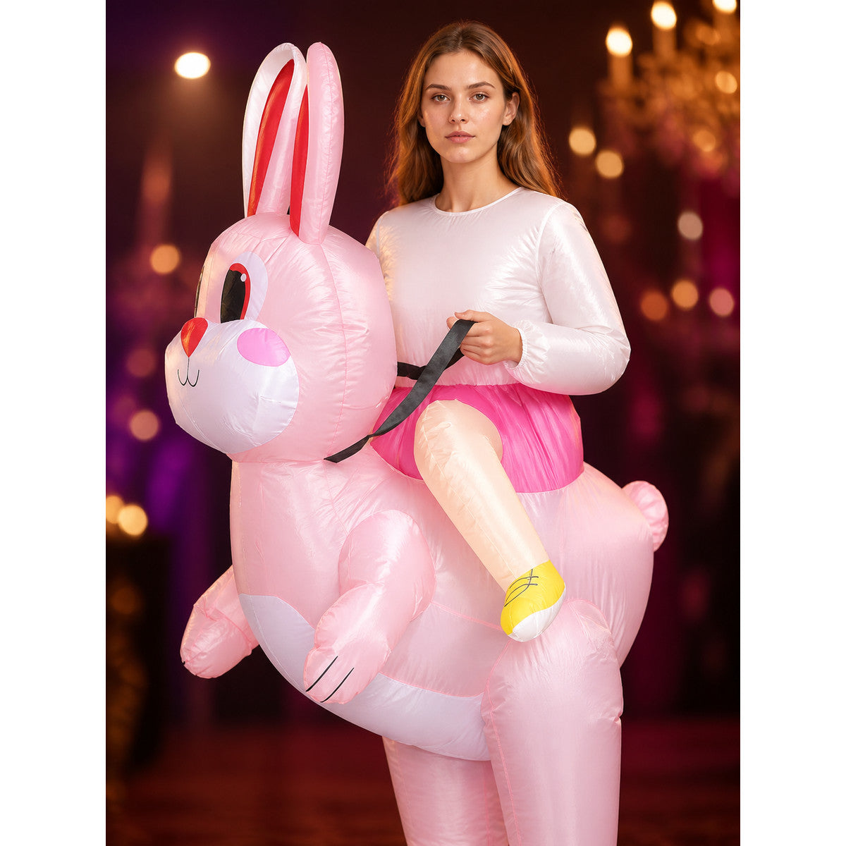 Adult Pink Inflatable Rabbit Riding Costume for Halloween on-model view