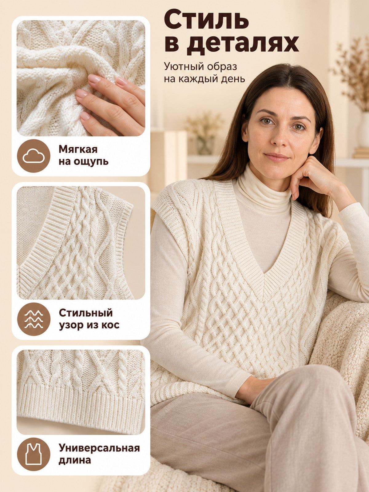 Sleeveless Knit Vest Milk 100% Acrylic Chunky Knit