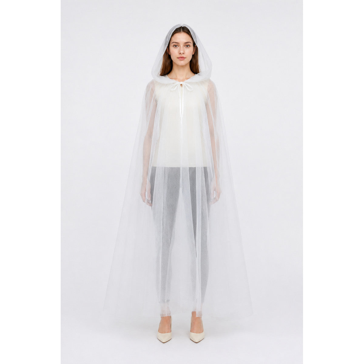 Long Semi-Transparent White Hooded Cape main product view