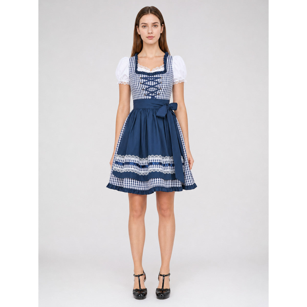 Blue-and-White Checkered Dress with Bow and Lace Apron