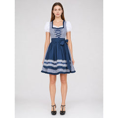 Blue-and-White Checkered Dress with Bow and Lace Apron