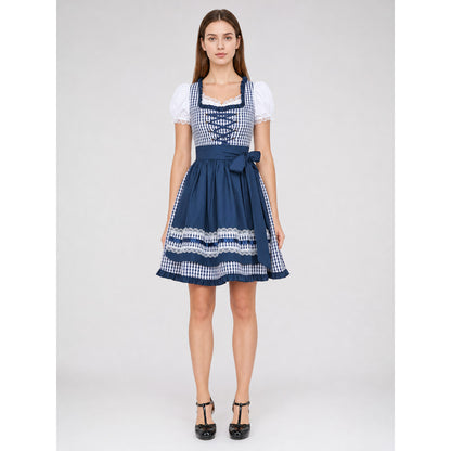 Blue-and-White Checkered Dress with Bow and Lace Apron