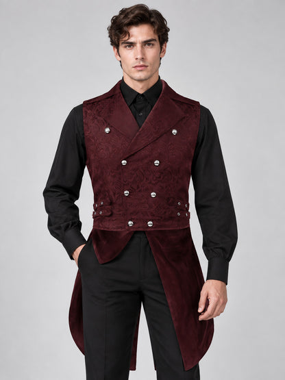 Tailcoat Vest Burgundy Jacquard Double-Breasted