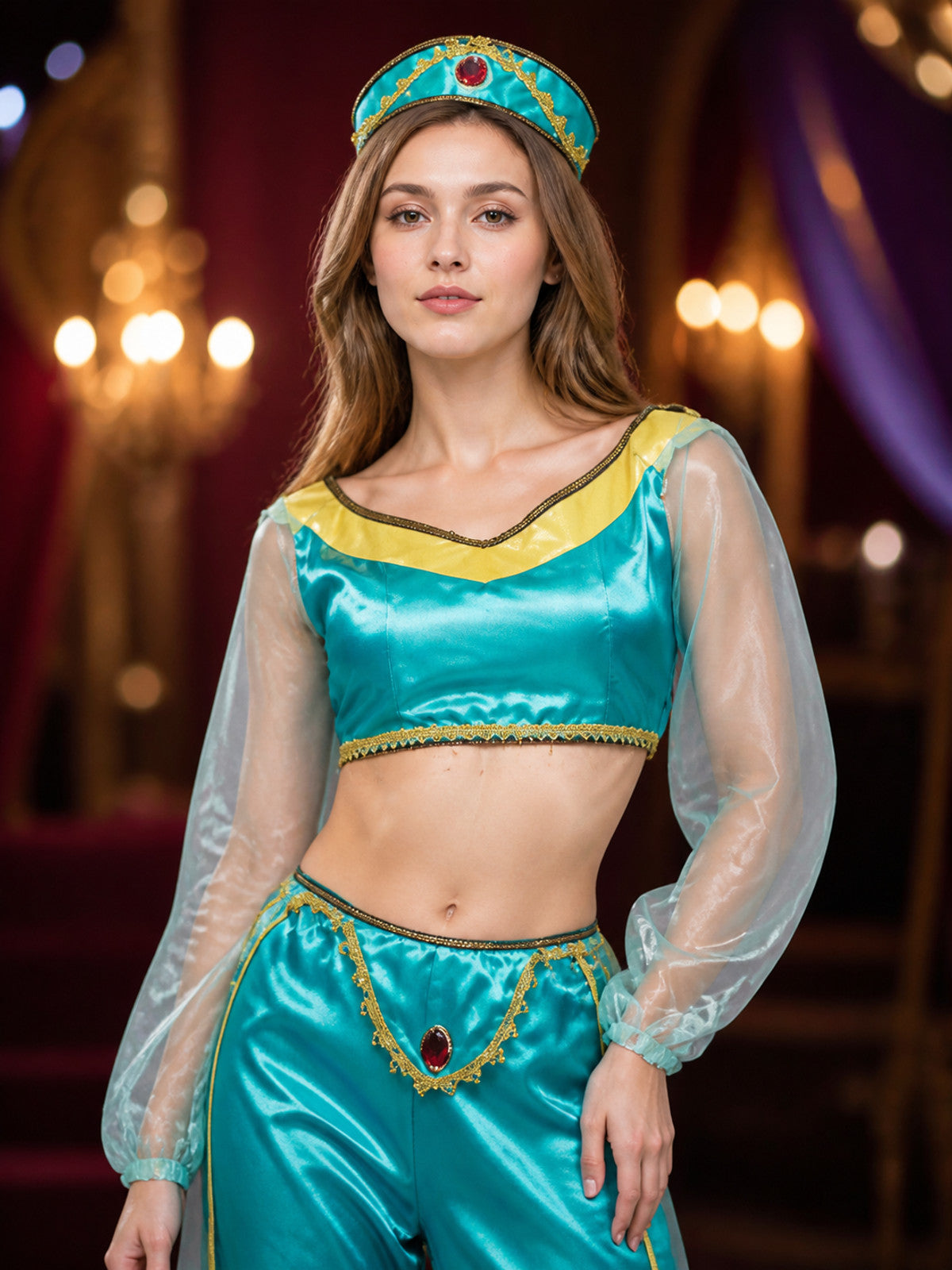 Aladdin Princess 3-Piece Costume Set, Turquoise Top, Pants And Headpiece on-model view