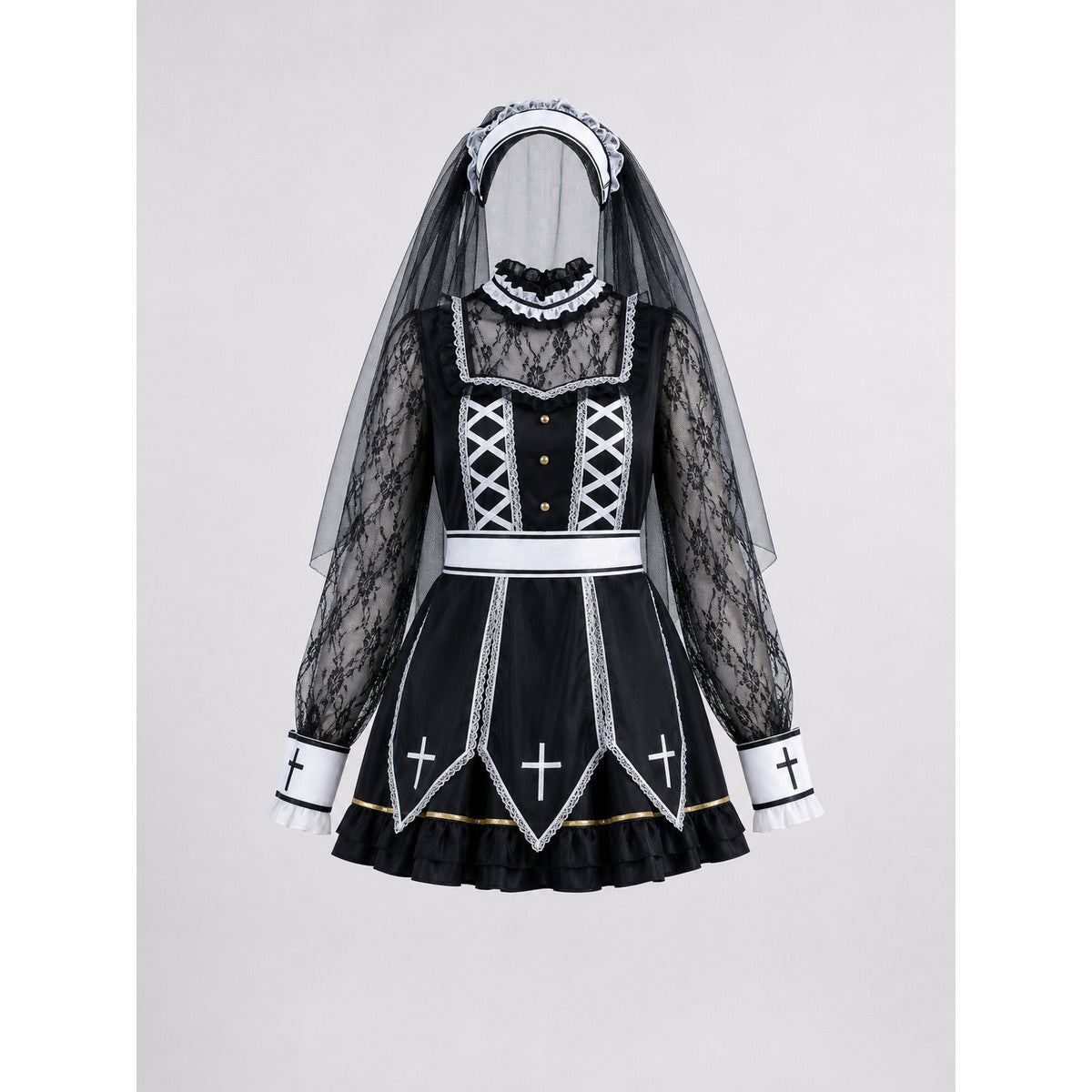 Gothic costume with veil, crosses, and corset on-model view