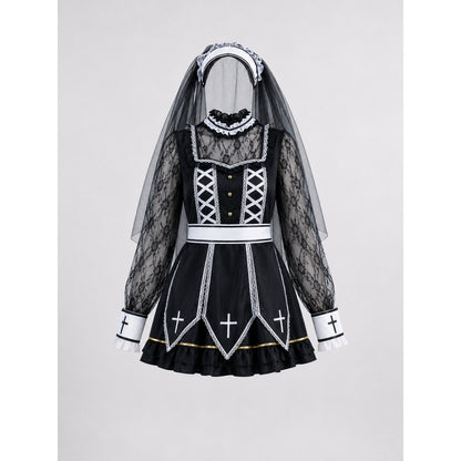 Gothic costume with veil, crosses, and corset on-model view