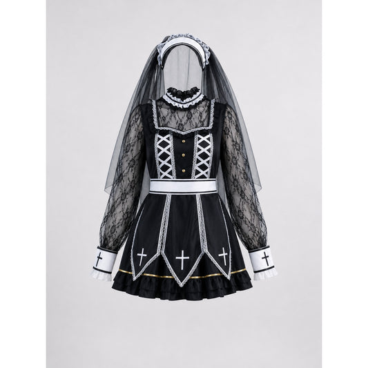 Gothic costume with veil, crosses, and corset