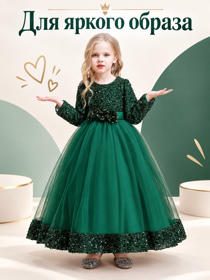 Dark green long dress with sequins and a bow