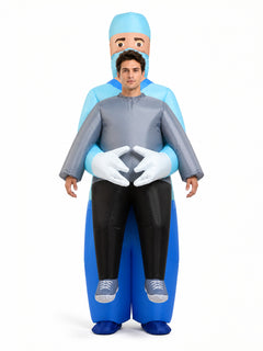 Funny Adult Inflatable Doctor Carrying Person Halloween Costume – Blue Scrubs Carry-Me Jumpsuit with Fan