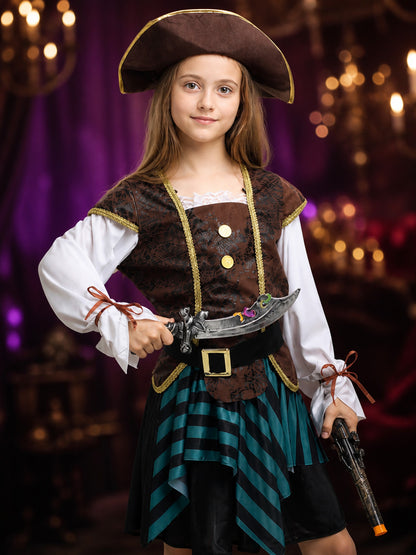 Kids Pirate Captain Costume Set with Striped Skirt, Vest, Hat and Belt on-model view