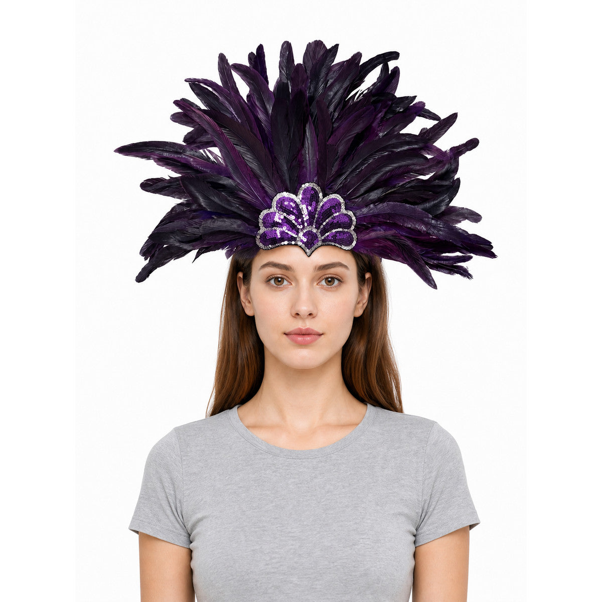 Purple and black feather headpiece with a sequined central crest, shown front-facing on a model in a gray T-shirt
