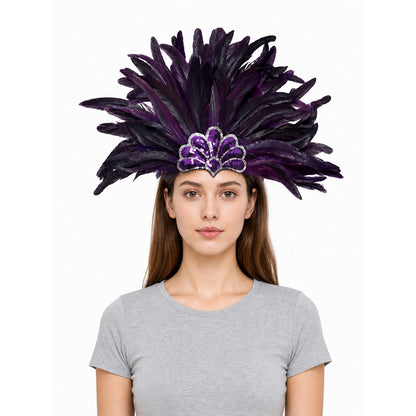 Purple and black feather headpiece with a sequined central crest, shown front-facing on a model in a gray T-shirt