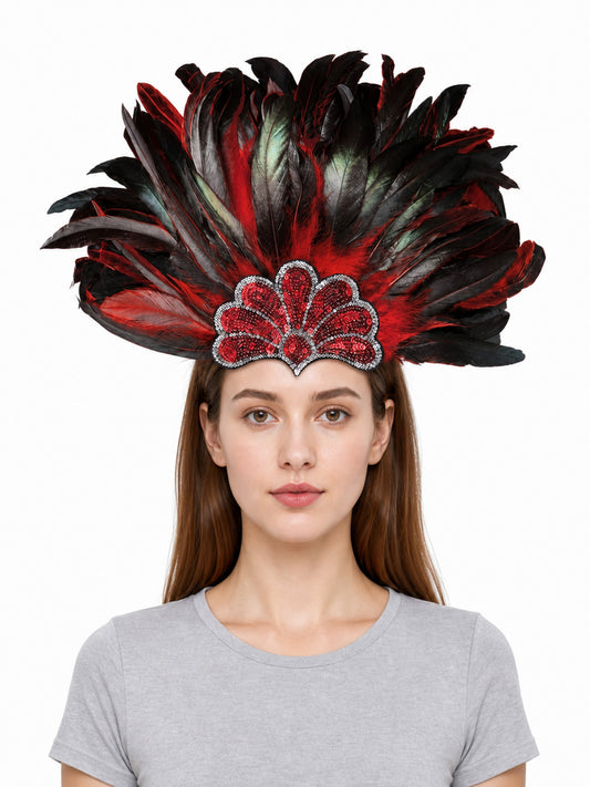 Carnival Headpiece with Red Flower and Feathers
