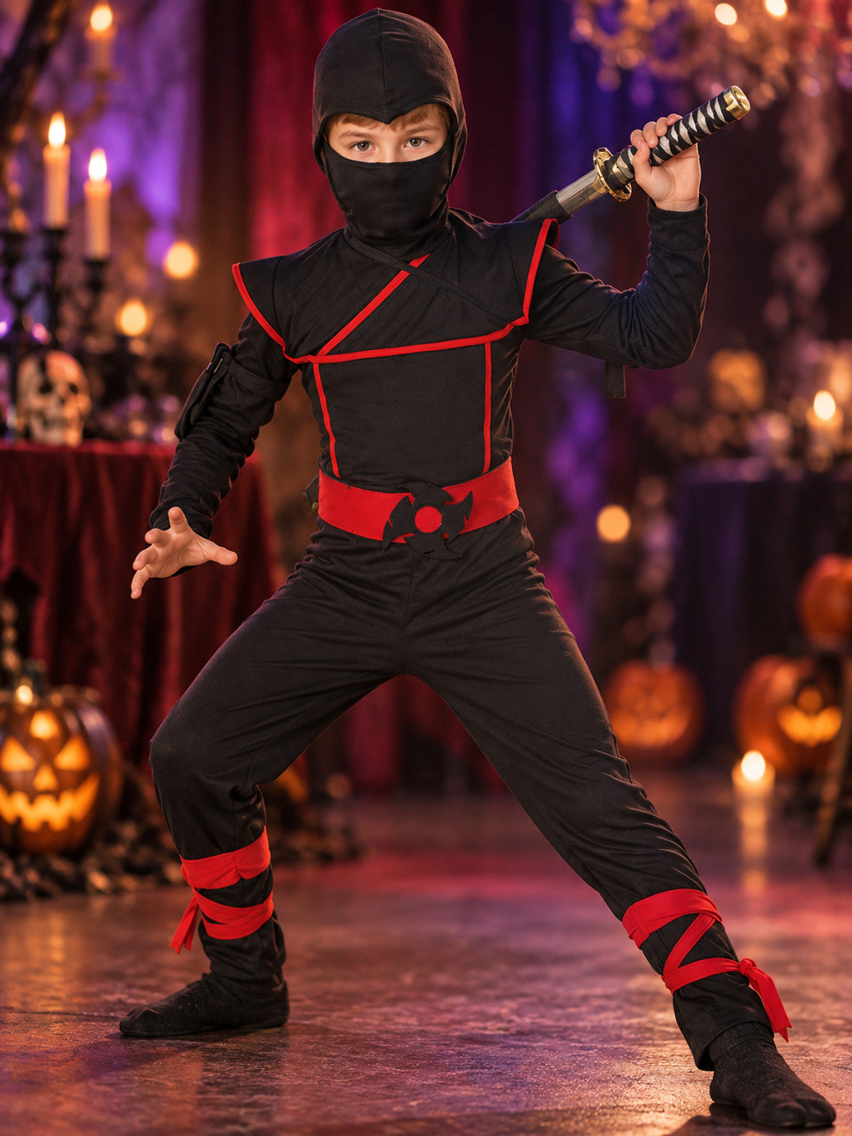 Kids' Ninja Costume Black with Red Trim, Mask, Belt